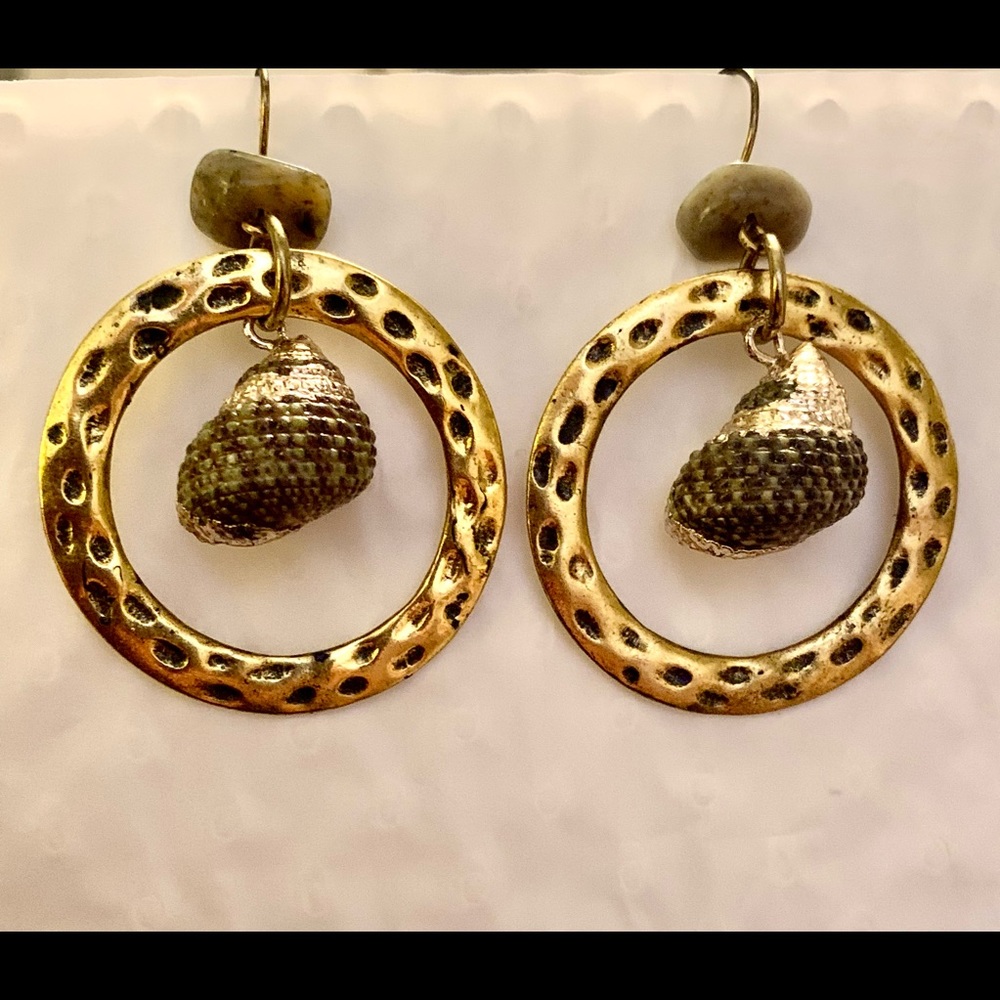 Brass Hoops with Silver dipped seashells Earrings Beach Chic brutalist Jewelry